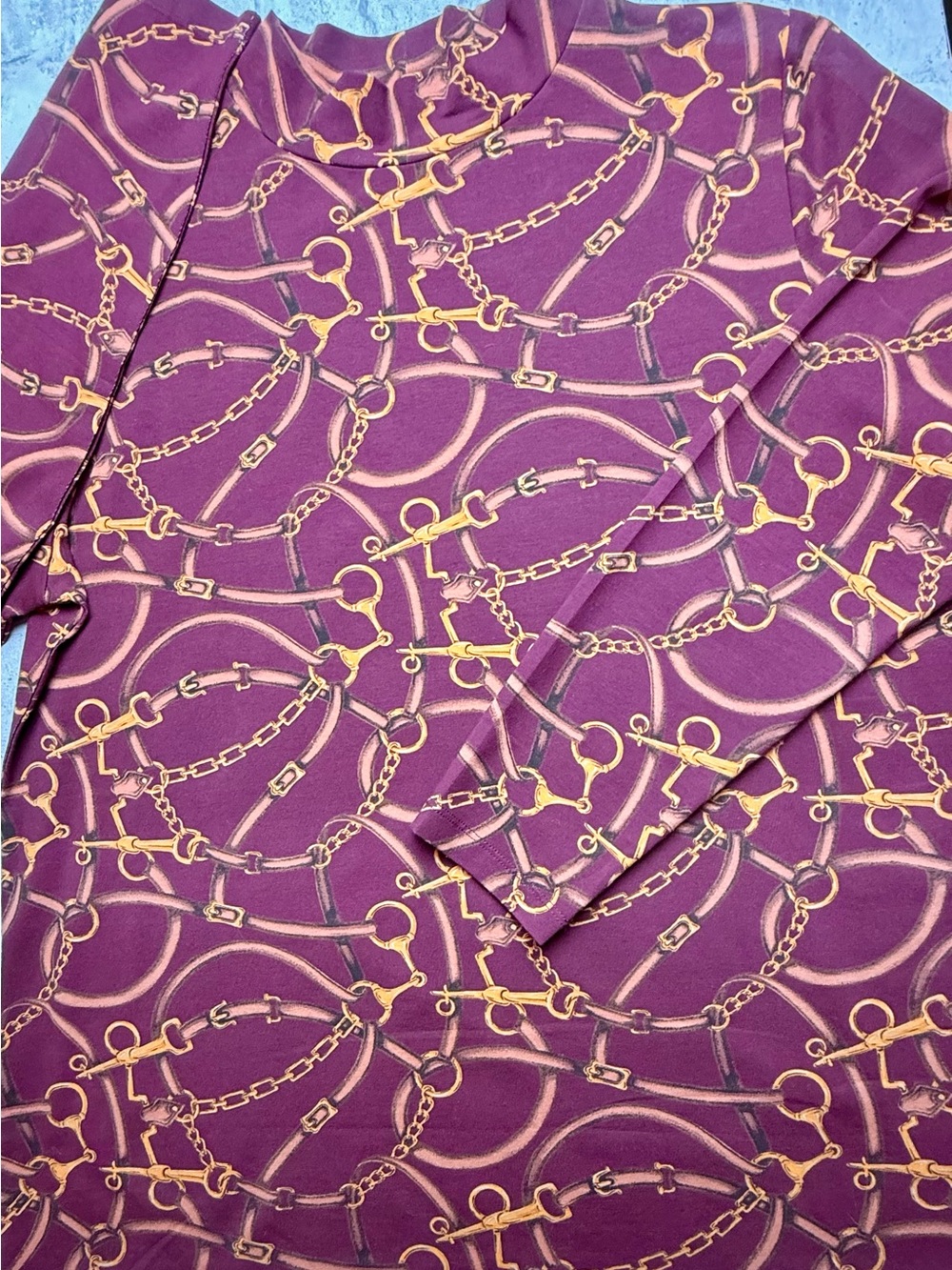Isaac Mizrahi Live! Burgundy Gold Equestrian Geometric Mock Neck Knit Top Sz L 😍